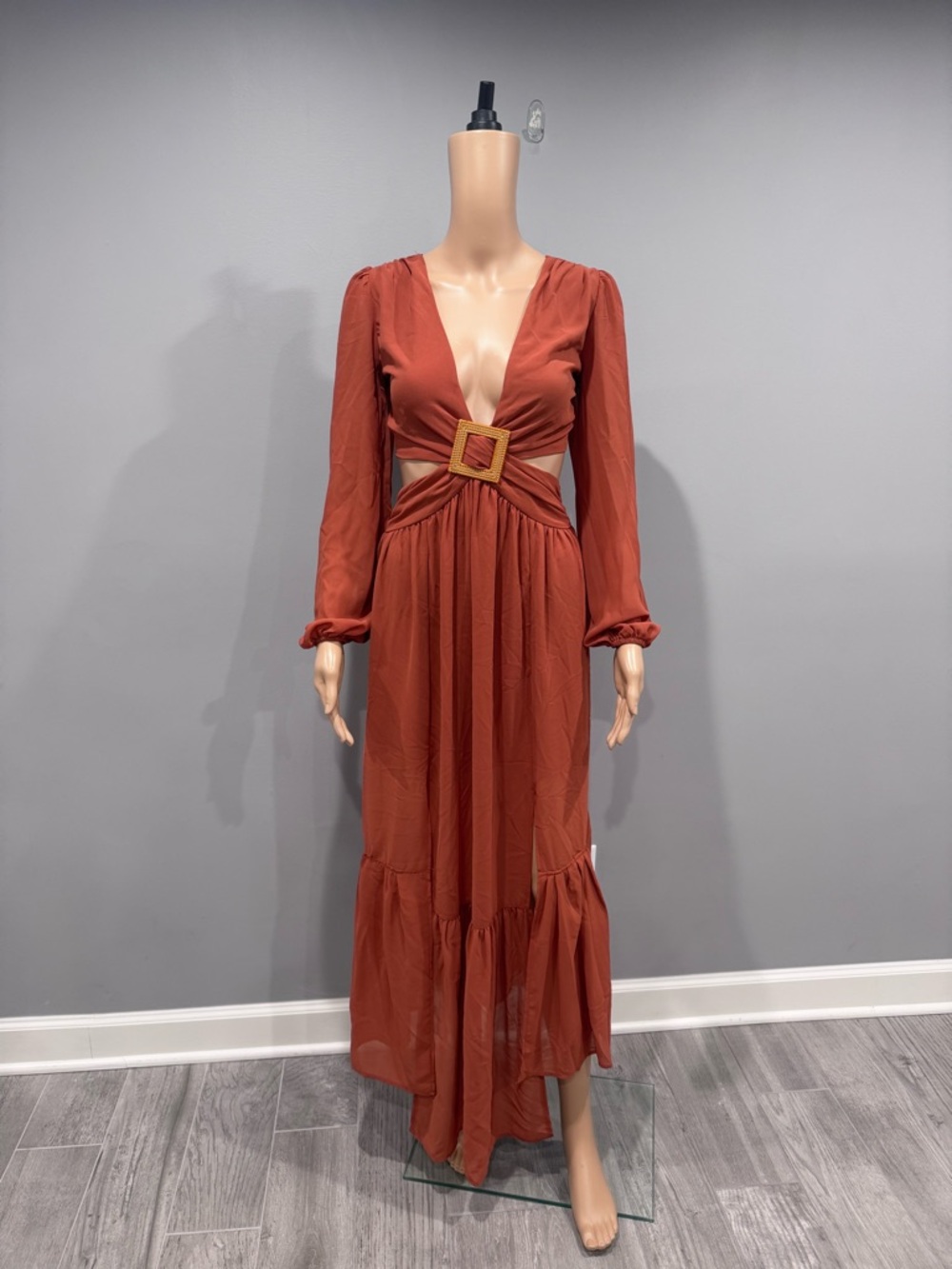 Rust Cutout Maxi Dress with Buckle Detail